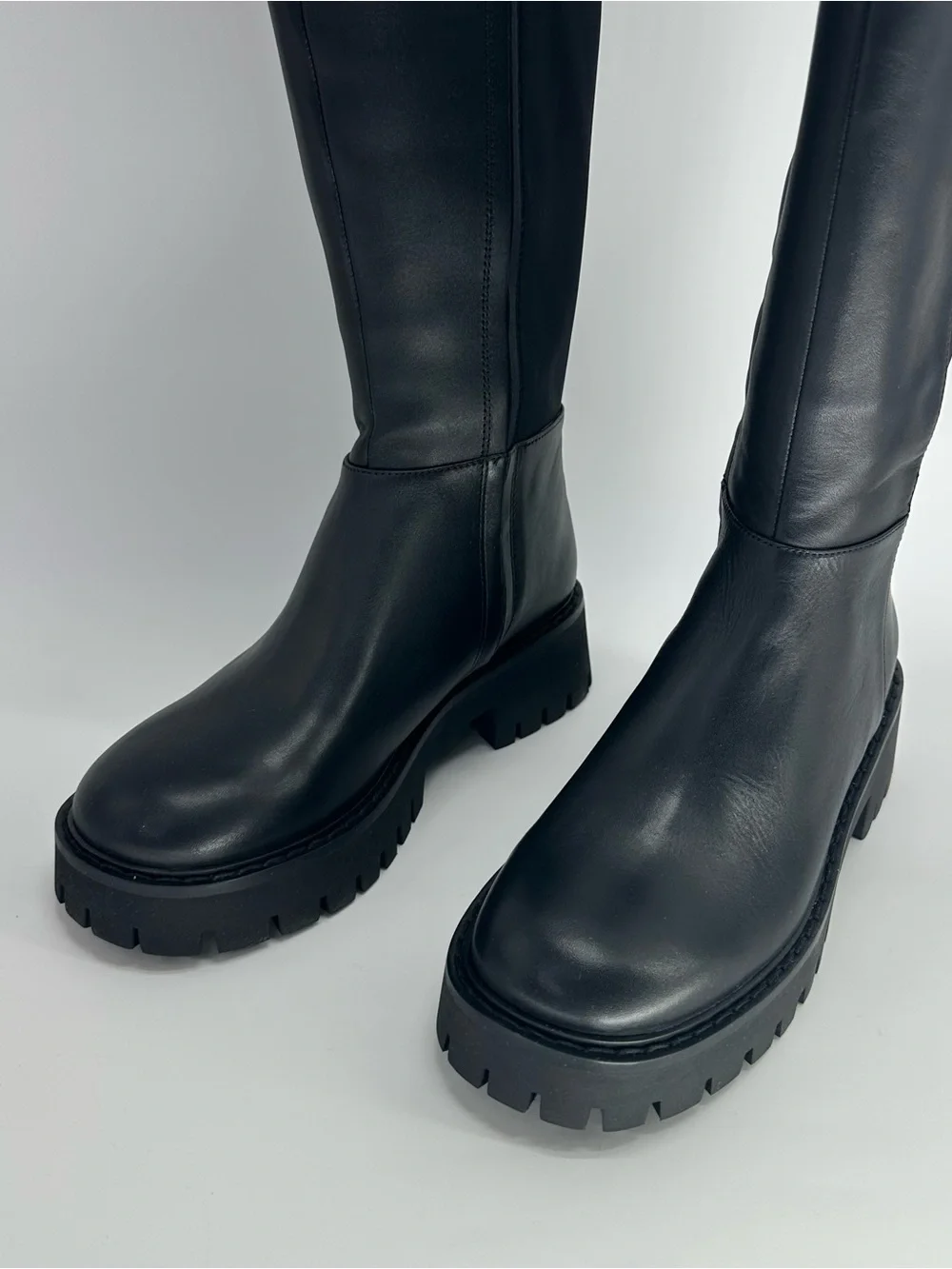 Michael Kors Black Leather Knee High Lug Sole Boots Gold Hardware